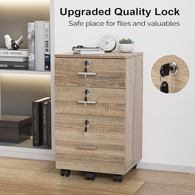 VINGLI 3-Drawer File Cabinet with Lock Wood Rolling Filing Cabinets for Home Office Mobile Printer Stand Under Desk File Organizer for Letter Sized Files 26 H(Caster Included) Oak