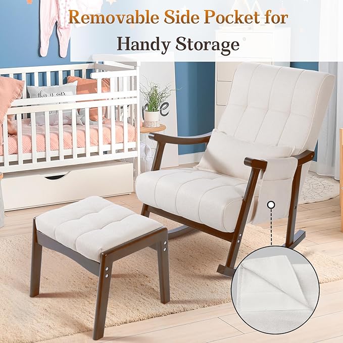 NOBLEMOOD Upholstered Rocking Chair with Ottoman Modern Indoor Nursery Glider Rocker Chair Solid Wood High Back Armchair with Fabric Padded Seat for Living Room Bedroom