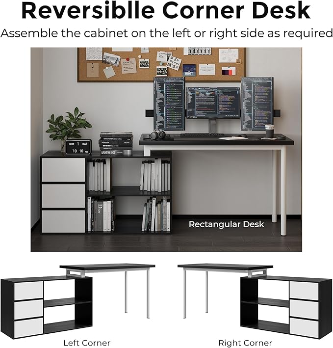 L Shape Computer Desk with 3 Drawers and 2 Shelves Home Office Desk Corner Small Desk with Storage Cabinet for Writing Study Executive – Black and White