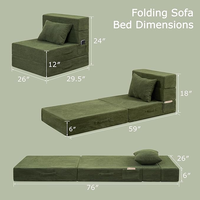 Folding Sofa Bed 4 in 1 Convertible Sleeper Chair with Pillow Single Memory Foam Fold Out Chair Bed Modern Floor Futon Sofa Couch Mattress for Living Room/Guest/Apartment Green | Convertible Comp