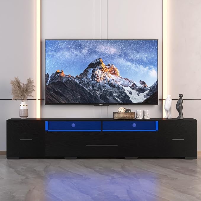 LED TV Stand for 55 65 75 85 Inch TV Minimalism Entertainment Center with LED Light Symmetric Assembled TV Console TV Table with Large Storage for 60 70 80 Inch TV for Living Room Black