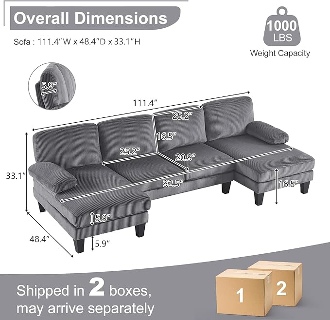 Karl home U-Shape Sectional Sofa Couch 111 Modern 4-Seat Sofa with Chaises Corduroy Fabric Upholstered Covertible Couch with Wood Grain Legs for Living Room Reception Room Apartment Dark Gray