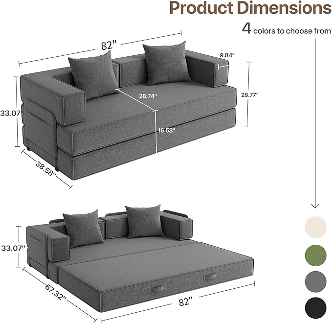 4-in-1 Convertible Sofa Bed 82“ Compression Sofa with Chenille Fabric Pull Out Sleeper Sofa with 2 Pillows &amp 4 Side Pockets for Living Room Bedroom Apartment No Assembly Required Dark Grey