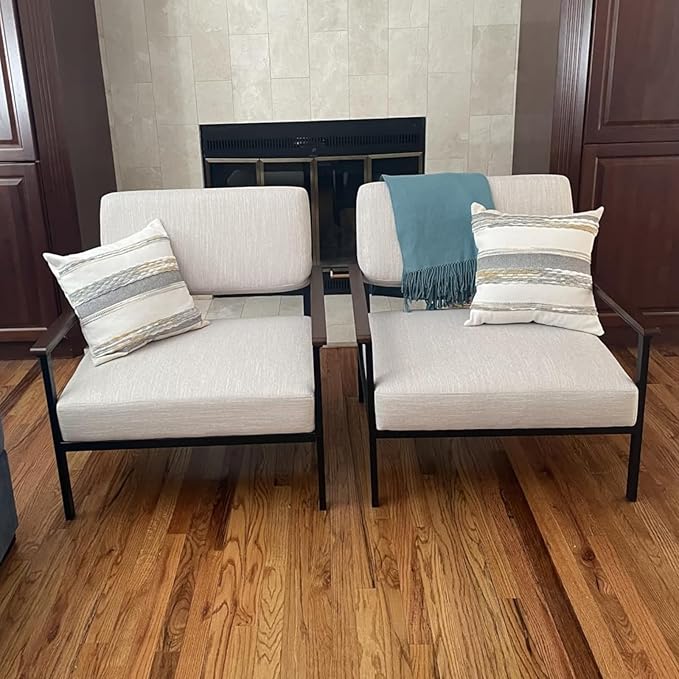 Mid Century Modern Accent Chair Set of 2 Wide Oversized Guest Reception Armchair Linen Fabric Upholstered Comfy Leisure Chair with Black Meta Frame Lounger Chair for Living Room Beige