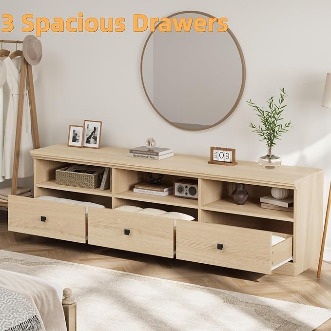 IDEALHOUSE 70in TV Stand for TVs up to 80 Mid Century Modern Entertainment Center with Storage Drawer and Open Shelves TV Console Media Cabinet for Living Room Bedroom Light Oak