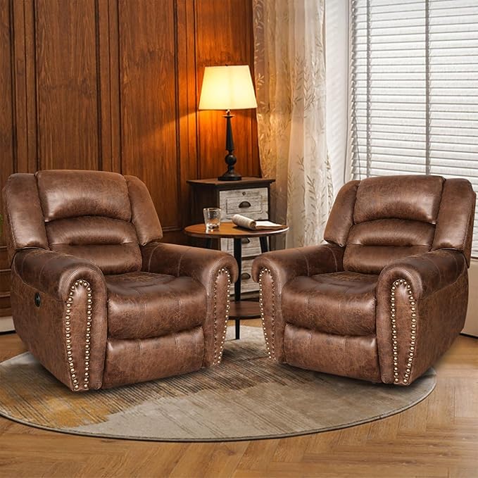 ANJ Electric Power Recliner Set of 2 Breathable Bonded Leather Reclining Chair Classic Home Theater Recliners Seating W/USB Port Electric Recliner Chairs for Living Room (Nut Brown)