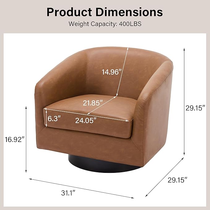 Swivel Barrel Chair Modern Round PU Leather Accent Armchair for Living Room Bedroom Oversized Comfy Club Reading Chairs for Adults (Leather Brown Set of 1)