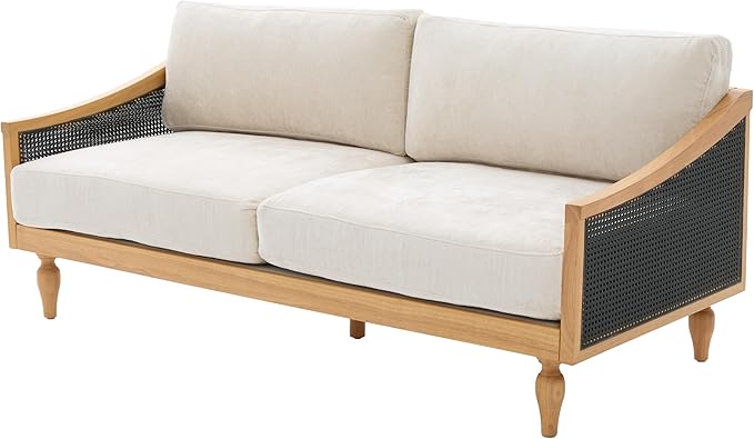 Christopher Knight Home Harper Mid-Century Loveseat Sofa Couch 2-Seater Lounge Sofa with Rattan Armrests and Wooden Legs Chenille Upholstered Couches for Living Room and Small Space Black