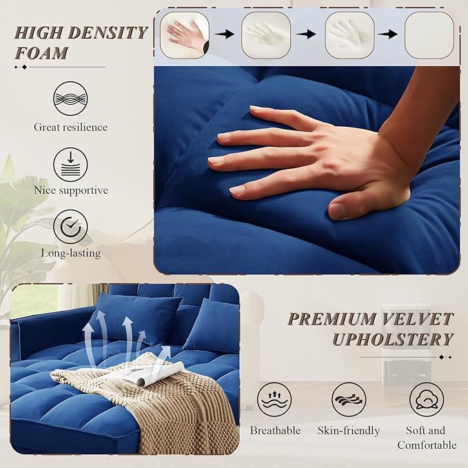 3 in 1 Convertible Sleeper Sofa Bed Futon Couches for Living Room with Side Pocket/Adjustable Backrest Velvet Upholstered Pull Out Couch Small Loveseat Sofa Bed for Bedroom Office Small Spaces
