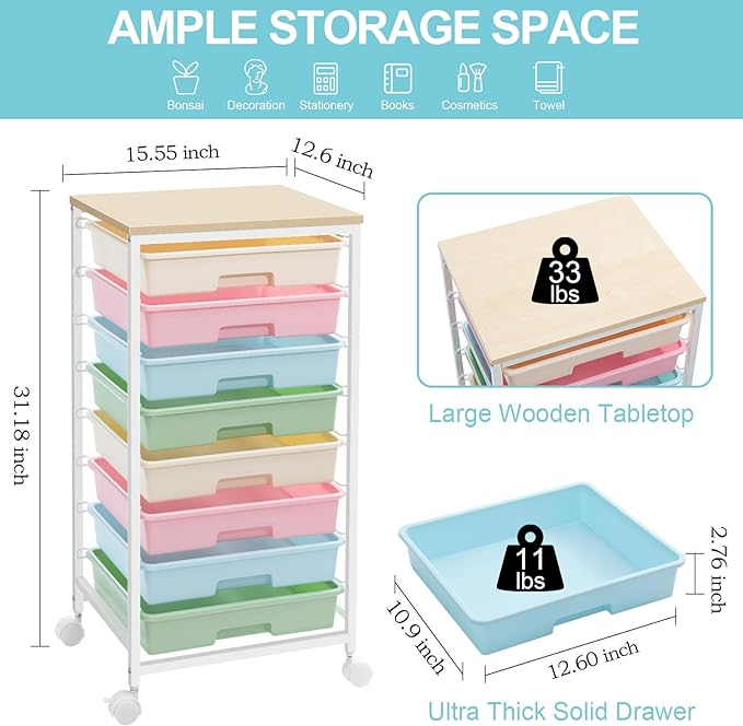 Rolling Storage Cart with DrawersUtility Cart With 8 Drawers and Wooden TabletopRolling Drawer CartStorage Drawer Cart for Living RoomClassroomBedroomBathroomDormOfficeRainbow