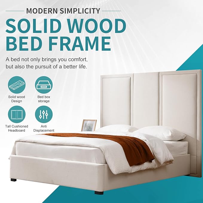YUHUASHI Queen Size Bed Frame with 64-inch High Headboard Simple and Airy Linen Upholstered Platform Bed with Storage Drawers Wood Slat No Noise (Beige Queen(Hydraulic Lift))