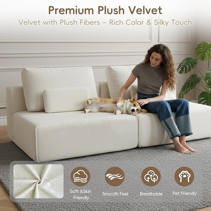 Modular Sectional Sofa Couch Plush Velvet Boneless Single Sofa Cozy Chair Flexible Convertible for Living Room &amp Small Spaces Deep-Seat No-Assembly 1-Piece