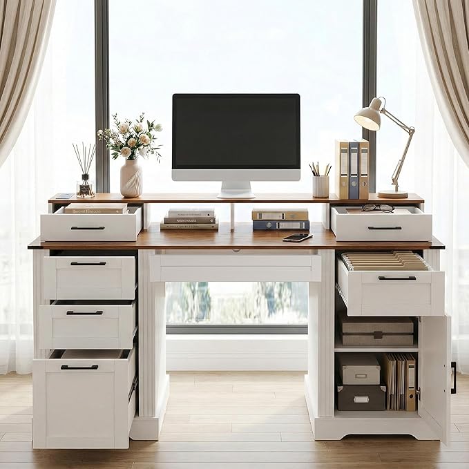59.5 Farmhouse Office Desk with USB Charging Station Fixed Monitor Stand with Drawers Convertible Keyboard Tray &amp File Cabinet Home Computer Workstation with Large Storage