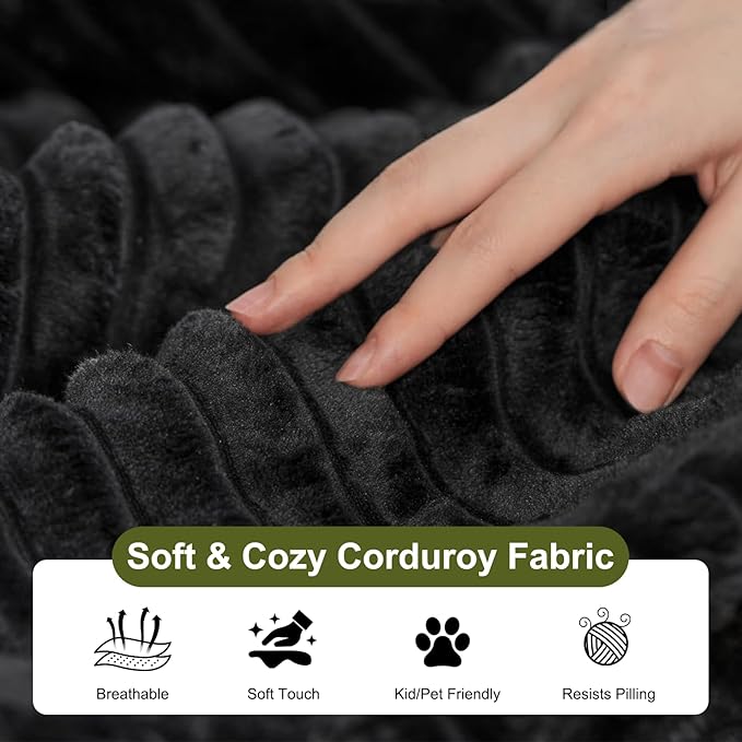 113 Modular Boneless Couch with 2 Movable Armrests Plush Corduroy Sectional Sofa Loveseat Ergonomic Memory Foam Straight-Row Cloud Couch for Living Room Bedroom Lounge Black