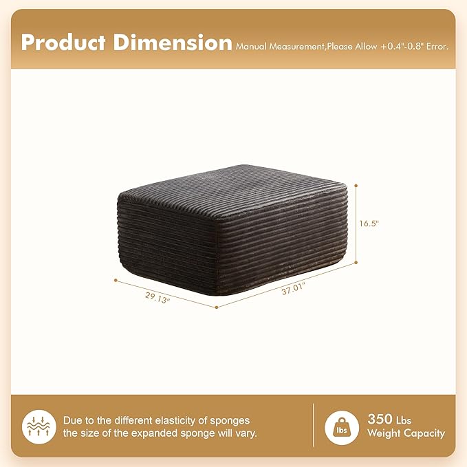 37.1 Ottoman for Couch Memory Foam Cloud Boneless Sectional Couch for Living Room Foot Stools No Assembly Require (Grey Ottoman)