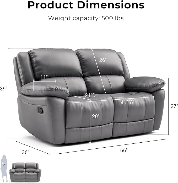Furniture of America Sorin Modern Leather Recliner Loveseat with Pillow Armrests and High Density Foam Reclining Sofa Comfortable Couch for Living Room Office FSC Certified Dark Gray