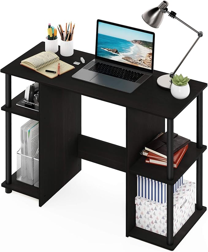 Furinno JAYA Desk 38.4 Wide Gaming Desk Computer Study Desk Office Desk with Side Shelves Open Storage for Home Office Bedroom Dorm Study Room Espresso