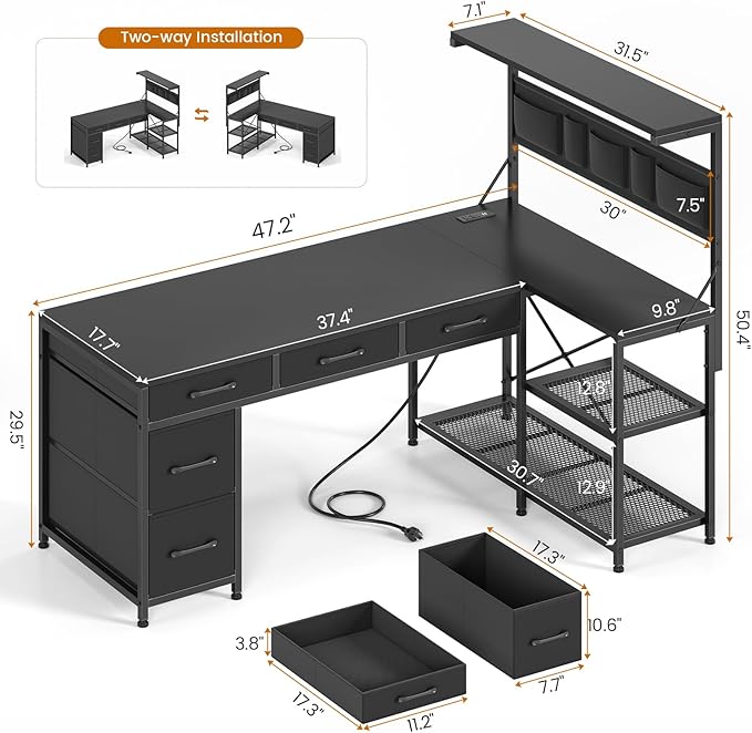 SEDETA L Shaped Gaming Desk 47.2 Reversible Small Computer Desk with 5 Drawers and Storage Shelves Corner Gaming Desk with LED Lights and Power Outlet Black