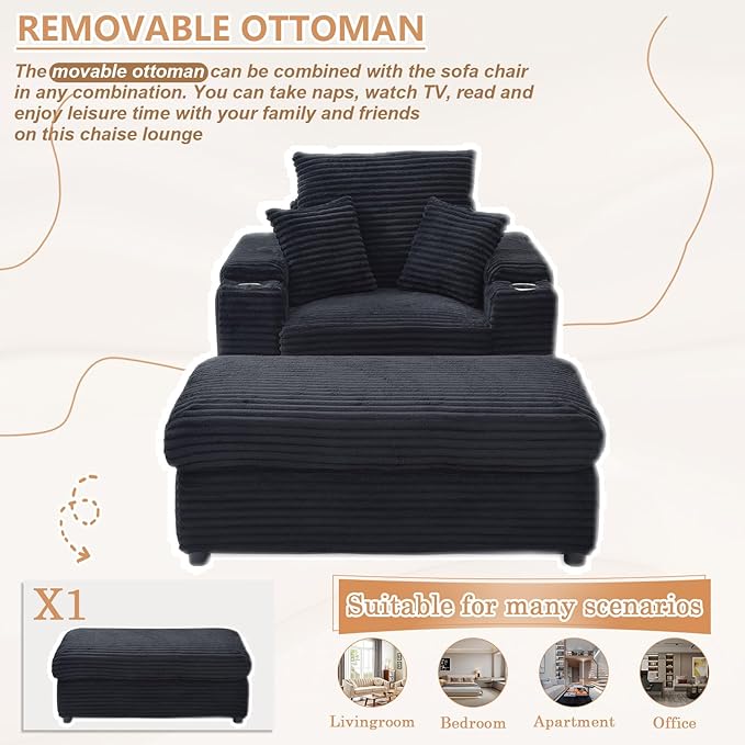43.3”W Oversized Accent Chair with Ottoman &amp Storage Modern Corduroy Reading Chair with Cup Holder &amp Pillow Comfy Upholstered Deep Seat Armchair for Living Room Bedroom (Black)