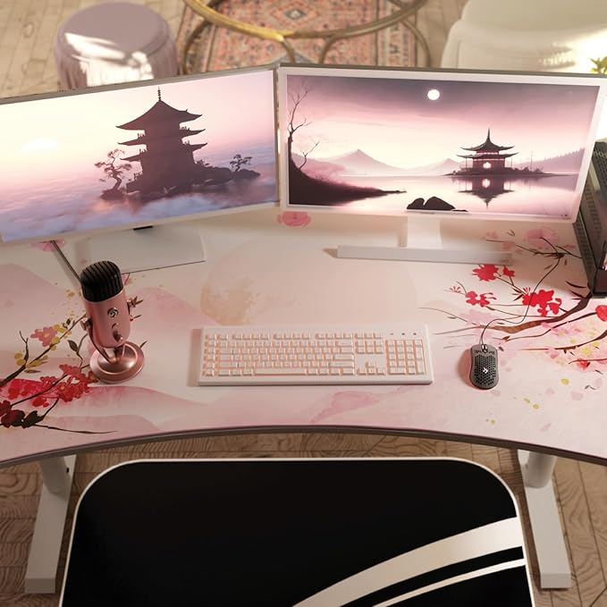 Arozzi Arena Special Edition Ultrawide Curved Gaming and Office Desk with Full Surface Water Resistant Desk Mat Custom Monitor Mount Cable Management Cut Outs - Sakura