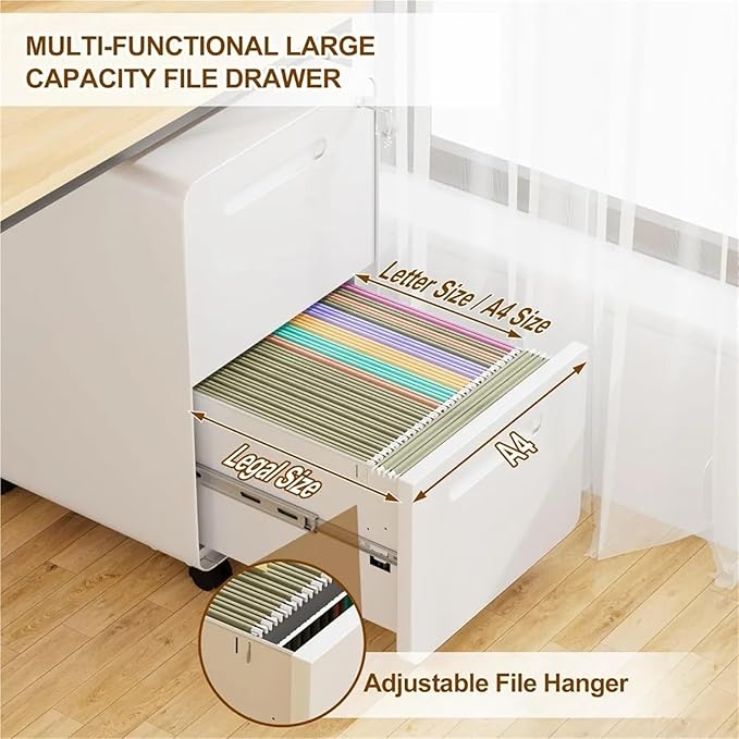 Mobile File Cabinet 2 Drawer File Cabinet with Lock and 4 Keys Mobile Metal Filing Cabinets for Home Office Under Desk Pre-Assembly(White)