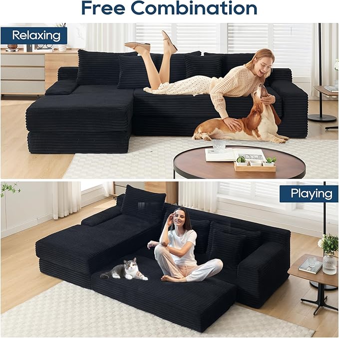 ‌104 3-Seater L-Shaped Modular Sectional Sofa with Chaise Convertible Sleeper Sofa Bed with Memory Foam &amp Floor Couch Comfy Corduroy Deep Seat Couch for Living Room No Assembly RequiredBlack
