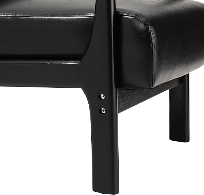 Glitzhome Accent Armchair with Walnut Ruberwood Frame Black PU Leather Lounge Chair for Living Room
