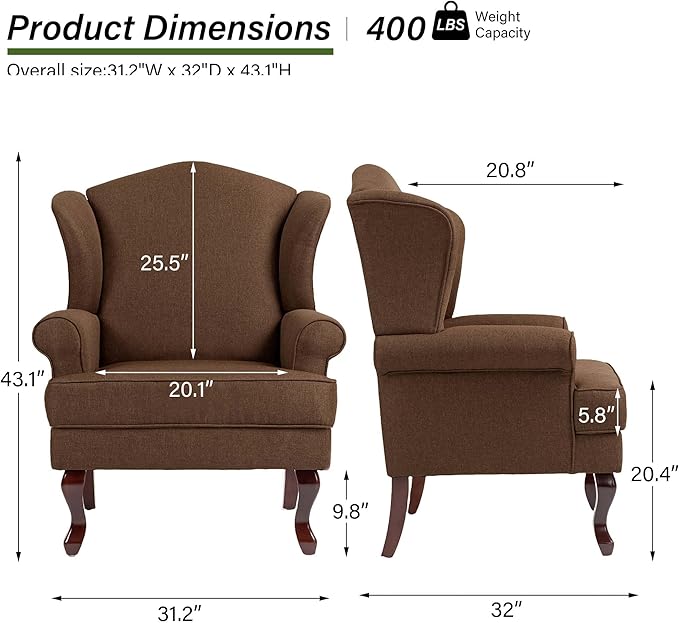 Accent Chair High Back Upholstered Armchair with High Resilience Sponge &amp Wood Legs Mid-Century Modern Comfy Single Sofa Reading Chairs for Living Room Bedroom (Brown Set of 1)