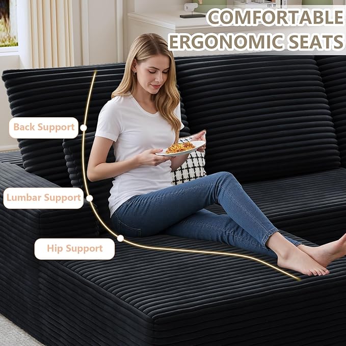 135 Modular Sectional Sofa Modern Corduroy L Shaped Cloud Couch with Chaise Lounge Boneless Upholstered Couches with Deep Seat for Living Room No Assembly Required (Black Left Facing Chaise)
