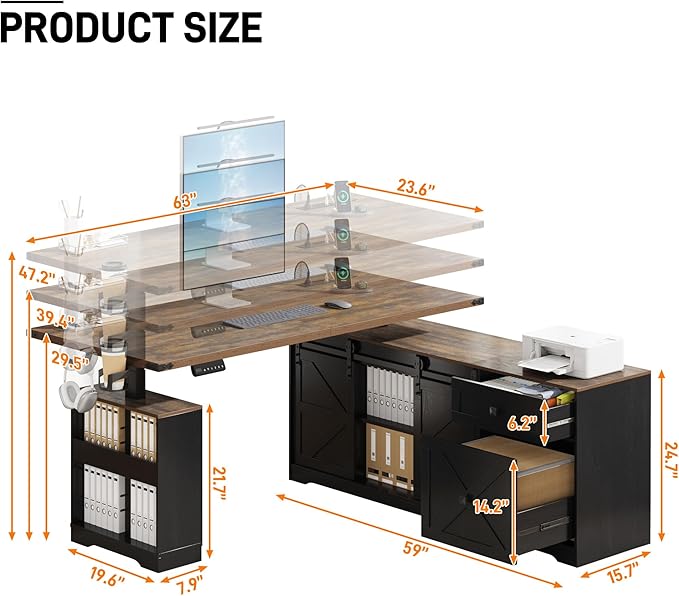 63 Farmhouse Electric Standing Desk Adjustable Height Sit Stand Corner Stand Desks L Shaped Standing Computer Desk with Power Outlets &amp Storage Drawers &amp Sliding Door for Home Office Black