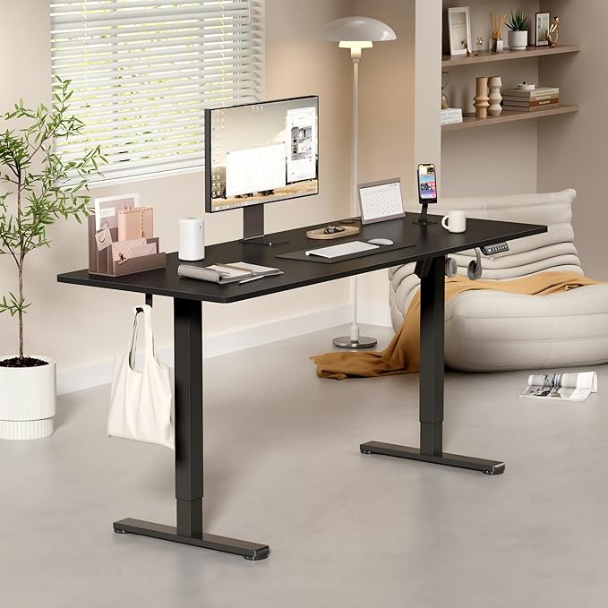 YESHOMY Height Adjustable Electric Standing Desk 63 x 24 Inches Memory Home Office Sit Stand up Desk with Phone Holder and USB Charging Port Black
