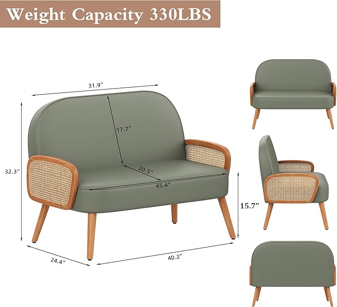 Aklaus 45 W Faux Leather Small loveseat with Natural Rattan ArmsUpholstered Modern Mini Sofa Couch Love Seat Settee Bench with Back for Living Room Bedroom Office Small Space Entryway Green