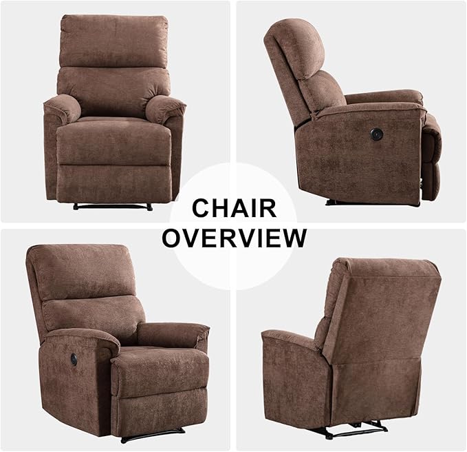 EBELLO Power Recliner Chair Electric Recliner Breathable Fabric Single Overstuffed Recliner Sofa with USB Charge Port for Elderly Living Room Bedroom Brown