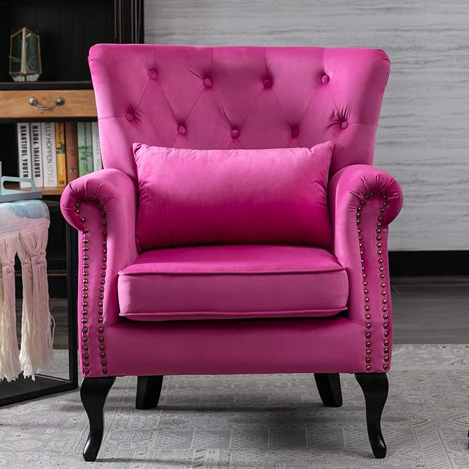 Kmax Velvet Tufted Accent Chair Mid Century Throne Chair Comfy Sofa Chair Padded Seating WingBack Unique Wood Legs Home Club Bedroom Living Room Rose