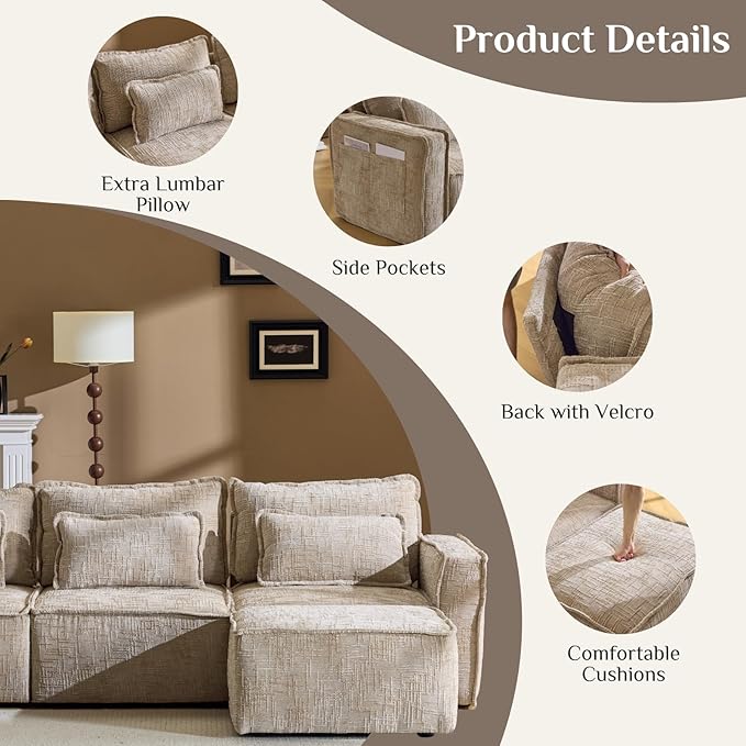 Karl home 110 Cloud Sectional Couches with Moveable Ottoman 3 Seat Boneless Modular Sofa Set L-Shape Convertible Couche with Chenille Upholstery for Living Room Apartment Studio Khaki