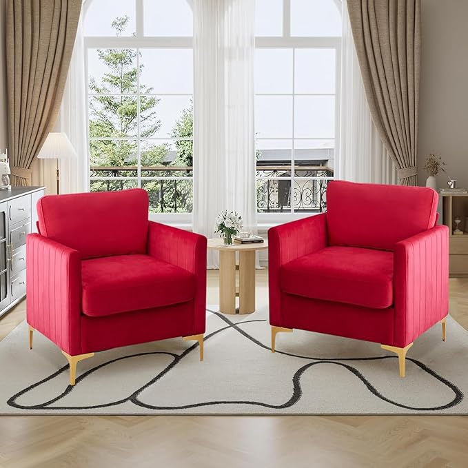 Velvet Accent Chairs Set of 2 Modern Accent Chairs with Gold Metal Legs Upholstered Reading Armchair Small Sofa Chair for Living Room Bedroom Office (Red)