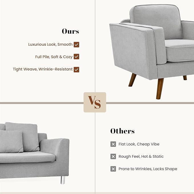 Kingfun Modern Accent Chair Set of 2 Living Room Chairs Chenille Reading Armchair Mid Century with Dual-Layer Armrests Solid Wood Frame Easy Assembly for Small Spaces Light Gray