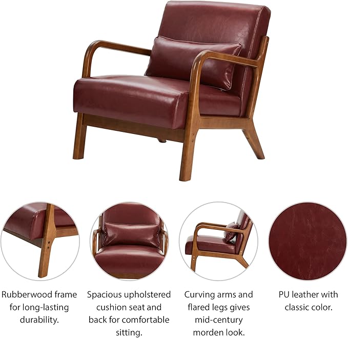 Glitzhome 30.75 H Mid Century Red Accent Armchair Single Reading Armchair PU Leather Lounge Chair with Walnut Ruberwood Frame