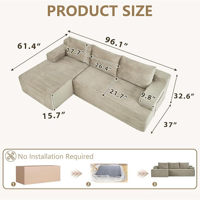 96 Modular Sectional Sofa Modern Corduroy L Shaped Cloud Couch with Side Pockets Boneless Upholstered Couches with Deep Seat for Living Room No Assembly Required (Camel Left Facing Chaise)