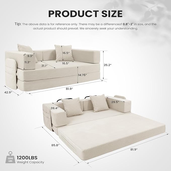 5‑in‑1 Futon Sofa Bed Queen – Floor Foldable Convertible Sofa Couch with L‑Shaped Armrests Removable Cover White Convertible Guest Bed | Space‑Saving Fold‑Out Mattress Lounge for Living Room/Bedroom