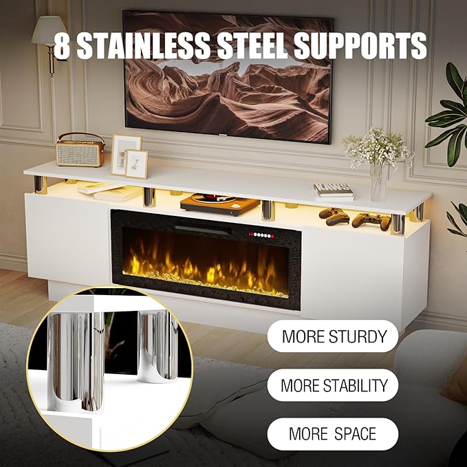 70 Modern Fireplace TV Stand with 36 Electric Fireplace for TVs Up to 80 inch Luxury LED Light Entertainment Center with High Gloss Cabinet TV Consoles for Living Room White