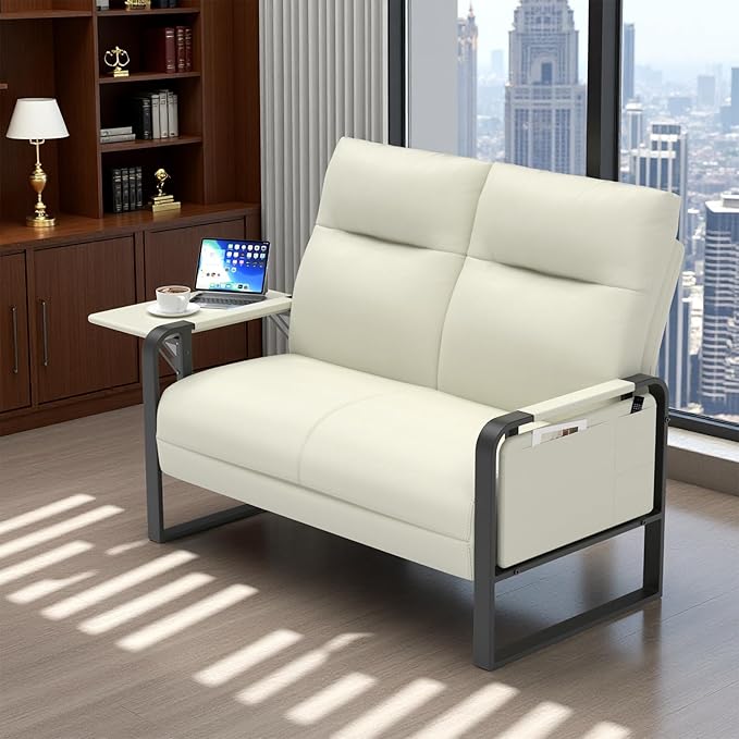 Modern Leather Loveseat Small Sofa with Side Tray &amp Pocket Upholstered Mini Couch for Living Room Office Guest Room Beige