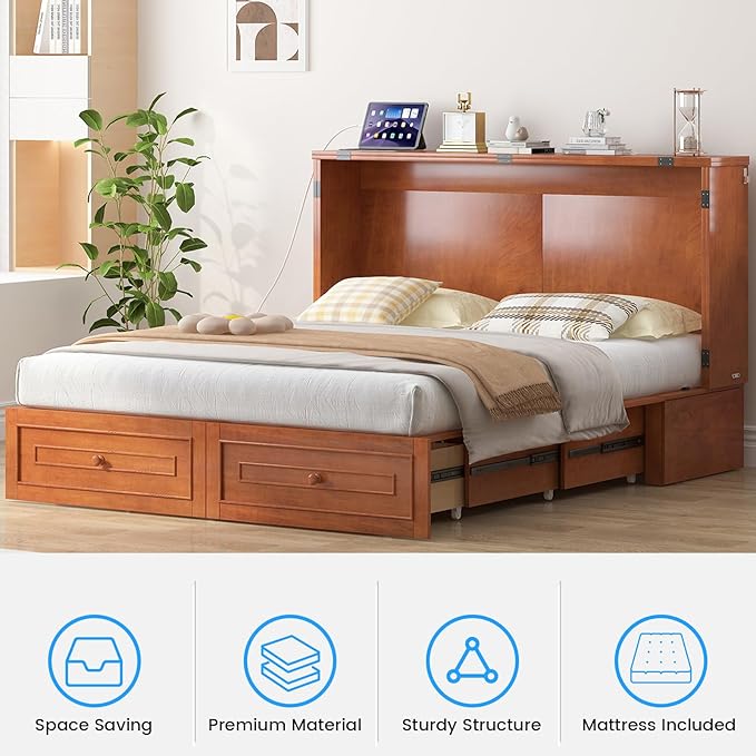 PUREMIND Queen Murphy Bed Frame with Headboard Hideaway Chest Bed Frame Storage Drawers USB Charging Ports- Space Saving Cabinet Chest Beds for Guest Room Bedroom