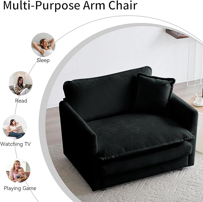 Chenille Oversized Accent Chair 41.4 Comfy Modular Single Sofa Cloud Couch Chair Upholstered Deep Seat Armchair with Pillow for Living Room Bedroom Family Room Reading Nook Black