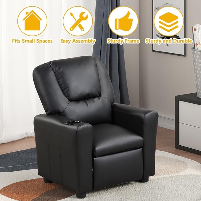 Recliner Chair for Living Room PU Leather Recliner Chair Winback Single Sofa Home Theater Chairs Adjustable Modern Reclining Chair with Padded Seat Backrest for Kids (Black)