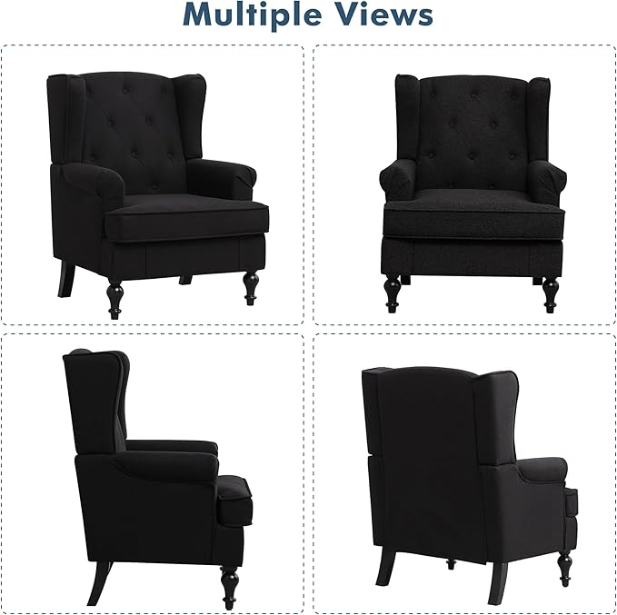 Accent Chair Set of 2 Mid Century Modern Fabric Wingback Chair Upholstered Armchair with High Back and Vintage Legs Comfy Single Sofa Side Reading Chair for Living Room Bedroom Black