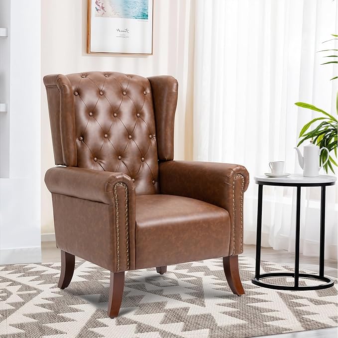 Faux Leather Accent Chair Mid-Century Armchair Upholstered Club Sofa Chair with Wooden Legs High Back Living Room Chair for Bedroom Office Lounge (Brown)