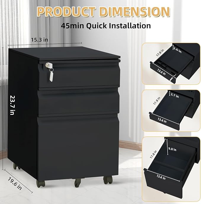 Home Office Metal Filing Cabinet 3-Drawer Mobile Organizer with Lock and Casters Holds Letter/A4/Legal Size Fully Assembled (Black)