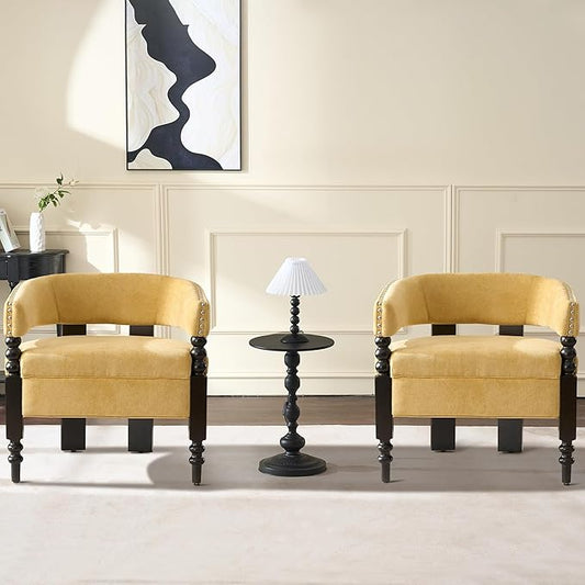 LOULENS Barrel Accent Chairs Set of 2 Vintage Chenille Upholstered Lounge Chair with Solid Wood Legs Comfy Leisure Side Armchair for Living Room Bedroom Reading Nook Corner Yellow