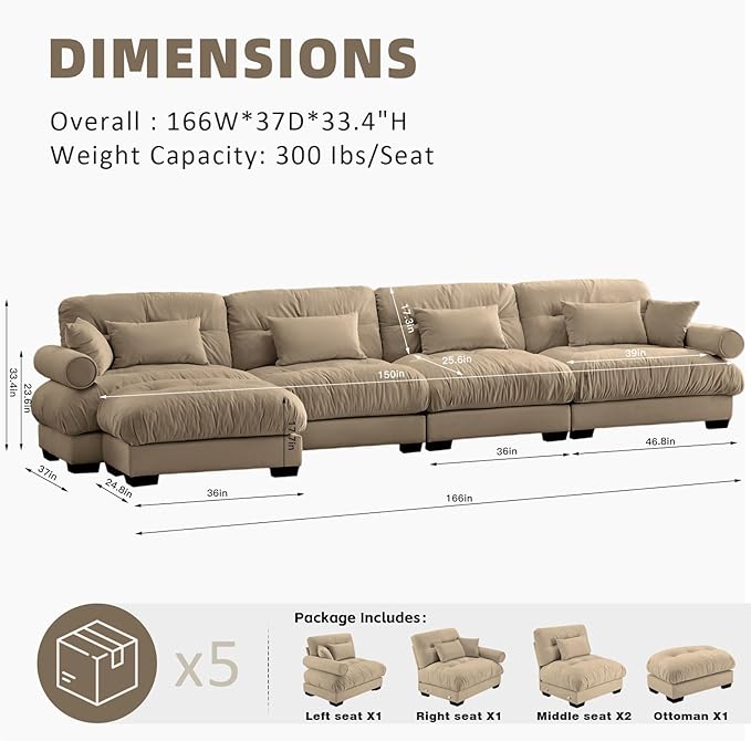 166 Modern Oversized Modular Sectional Sofa 4-Seater L-Shaped Cloud Sleeper Couch with Ottoman Pillows and Overthick Cushion for Living Room Home Theater ApartmentVelvet Camel